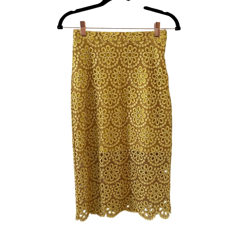 Alexis Floral Lace Pencil Midi Skirt Womens 0 Yellow Lined Party Cocktail Formal